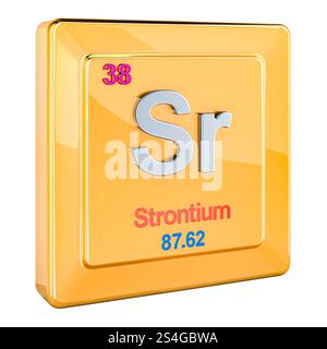 Stronzio Sr, segno di elemento chimico con numero 38 in tavola periodica. Rendering 3D isolato su sfondo bianco Foto Stock