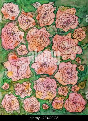 Campo di belle rose con foglie. La tecnica di taglio vicino ai bordi offre un effetto di messa a fuoco morbido a causa della rugosità alterata della superficie della carta Foto Stock