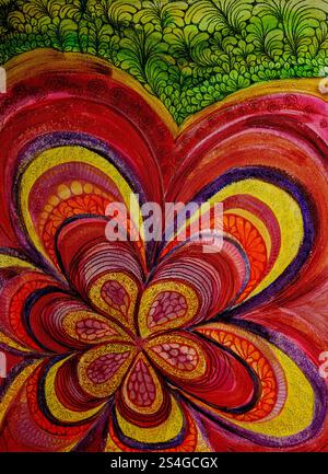 Fiore psichedelico della vita con foglie e sfondo. La tecnica di taglio vicino ai bordi offre un effetto di messa a fuoco morbido a causa della ruvida superficie alterata Foto Stock