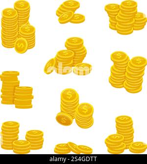 Diverse pile di monete d'oro. Illustrazioni vettoriali di moneta d'oro. Monete d'oro impilano denaro, accumulano monete d'investimento. Diverse pile di monete d'oro. Illustrazioni vettoriali di moneta d'oro Illustrazione Vettoriale