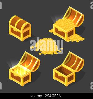 Vecchio petto in legno, chiuso e aperto, con oro e tesori diversi. Immagini vettoriali in stile cartoni animati per progetti di design di giochi. Monete d'oro in legno. Vecchio petto in legno, chiuso e aperto, con oro e tesori diversi. Immagini vettoriali in stile cartoni animati per progetti di design di giochi Illustrazione Vettoriale