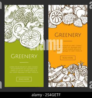 Vector Doodle ha disegnato volantini di frutta e verdura fresca, set di striscioni. Illustrazione della collezione di banner Greenery. Vector Doodle ha disegnato volantini di frutta e verdura fresca, set di striscioni Illustrazione Vettoriale