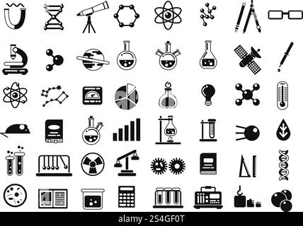Set monocromatico di diversi simboli chimici e altre icone scientifiche in stile piatto. Elementi di laboratorio per la scienza chimica. Illustrazione vettoriale. Set monocromatico di diversi simboli chimici e altre icone scientifiche in stile piatto Illustrazione Vettoriale