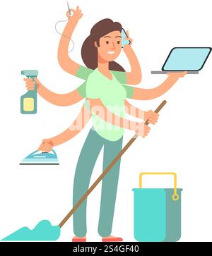 Concetto vettoriale Super MOM. Madre stressata nelle attività aziendali e domestiche. Mamma lavori domestici, mamma impegnata a fare illustrazione multitasking. Concetto vettoriale Super MOM. Madre stressata nelle attività aziendali e domestiche Illustrazione Vettoriale