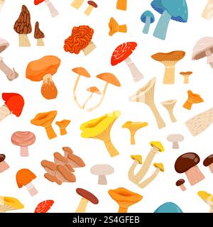 Motivo senza cuciture con funghi. Le immagini dei cartoni animati vengono isolate su sfondo bianco. Autunno funghi forestali, illustrazione vettoriale. Motivo senza cuciture con funghi. Le immagini dei cartoni animati vengono isolate su sfondo bianco Illustrazione Vettoriale