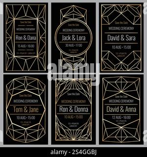 Eleganti biglietti d'invito per matrimoni con montature geometriche dorate con diamante e set vettoriale. Invito alla carta nuziale con illustrazione in stile vintage di lusso. Eleganti biglietti d'invito per matrimoni con montature geometriche dorate con diamante e set vettoriale Illustrazione Vettoriale