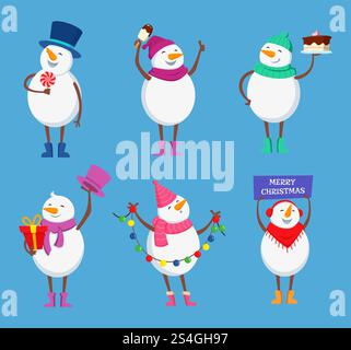 Simpatici pupazzi di neve in diverse pose d'azione. Simpatici personaggi invernali per le buone feste natalizie. Personaggio dei cartoni animati degli pupazzi di neve natalizi. Illustrazione vettoriale. Simpatici pupazzi di neve in diverse pose d'azione. Simpatici personaggi invernali per le buone feste natalizie Illustrazione Vettoriale