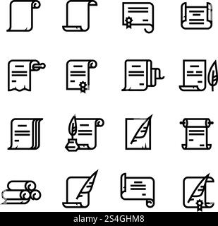 La carta antica scorre e documenta le icone vettoriali. Semplici simboli di diploma. Illustrazione di carta di certificato documento antico, scorrimento lineare dei diplomi. La carta antica scorre e documenta le icone vettoriali. Semplici simboli di diploma Illustrazione Vettoriale