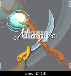 Design del gioco in stile cartoni animati Vector fantasy, bastone magico incrociato medioevale ed elementi di spada a sciabola con scritte e illustrazioni ombre. Design del gioco in stile cartoni animati Vector fantasy medievale ha incrociato il personale magico e la spada Illustrazione Vettoriale