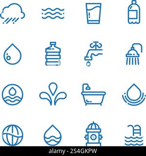 Gocce d'acqua cristallina, bevande fresche e icone vettoriali della linea igienica. Goccia d'acqua e bevi pura illustrazione. Gocce d'acqua cristallina, bevande fresche e icone vettoriali della linea igienica Illustrazione Vettoriale