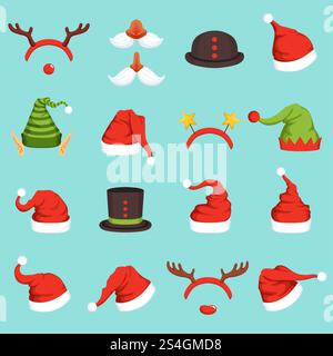 Cappelli di diversi personaggi natalizi. Cap di babbo natale, elfo e pupazzo di neve. Illustrazioni vettoriali in stile cartoni animati. Cappello di Babbo natale, cappello di natale, elfo e cervo. Cappelli di diversi personaggi natalizi. Cap di babbo natale, elfo e pupazzo di neve. Illustrazioni vettoriali in stile cartoni animati Illustrazione Vettoriale