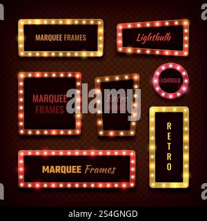 Cornici vegas vintage 3d con set vettoriale di lampadine. Il telaio della lampadina per cinema e circo mostra l'illustrazione. Cornici vegas vintage 3d con set vettoriale di lampadine Illustrazione Vettoriale