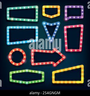 Insegne luminose del cinema d'epoca. Casinò di Las Vegas con telai vuoti con set vettoriale di lampadine. Cornice al neon chiaro per l'illustrazione del banner del casinò. Insegne luminose del cinema d'epoca. Casinò di Las Vegas con telai vuoti con set vettoriale di lampadine Illustrazione Vettoriale