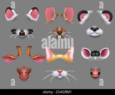 Filtri per effetti video per orecchie e naso simpatici. Funny Animals affronta maschere per il set vettoriale del telefono cellulare. Avatar di personaggi animali per l'illustrazione dell'applicazione selfie. Filtri per effetti video per orecchie e naso simpatici. Funny Animals affronta maschere per il set vettoriale del telefono cellulare Illustrazione Vettoriale