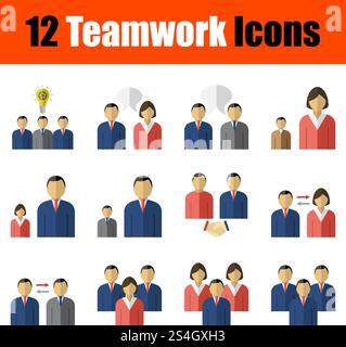 Set di 12 icone sul tema del lavoro di squadra. Design piatto. Completamente modificabile illustrazione vettoriale. Testo espanso. Illustrazione Vettoriale