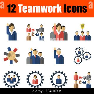 Set di 12 icone sul tema del lavoro di squadra. Design piatto. Completamente modificabile illustrazione vettoriale. Testo espanso. Illustrazione Vettoriale