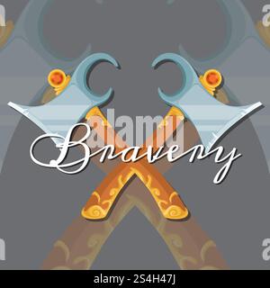 Design del gioco in stile cartoni animati Vector fantasy elementi medievali assi incrociati con illustrazioni di lettere. Assi incrociati medioevali vettoriali Illustrazione Vettoriale