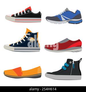Scarpe sportive per adolescenti. Sneaker colorate in diversi stili. Set di illustrazioni vettoriali di calzature da allenamento e stivali fitness alla moda. Scarpe sportive per adolescenti. Sneaker colorate in diversi stili. Illustrazioni vettoriali impostate in stile cartoni animati Illustrazione Vettoriale
