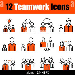 Set di 12 icone sul tema del lavoro di squadra. Linea sottile con disegno arancione. Completamente modificabile illustrazione vettoriale. Testo espanso. Illustrazione Vettoriale