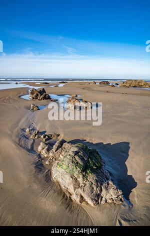 Formazioni rocciose rivelate durante la bassa marea Northcott Mouth in Cornovaglia in una soleggiata mattina di gennaio Foto Stock