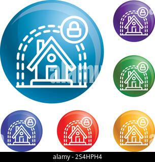 Le icone di protezione della casa intelligente impostano il vettore a 6 colori isolato su sfondo bianco. Le icone Smart House Protect impostano il vettore Illustrazione Vettoriale