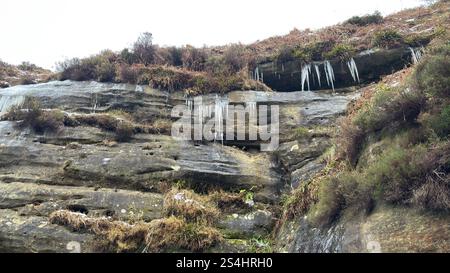 Ghiaccioli appesi alle cascate Glen vale nel cuore della Scozia. Glen vale tra le colline East e West Lomond. Ghiaccio e neve in inverno Foto Stock