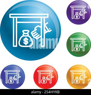 Le icone della borsa portamonete sotto il tavolo impostano il vettore 6 a colori isolato su sfondo bianco. Sotto il tavolo le icone del sacchetto di denaro impostano il vettore Illustrazione Vettoriale