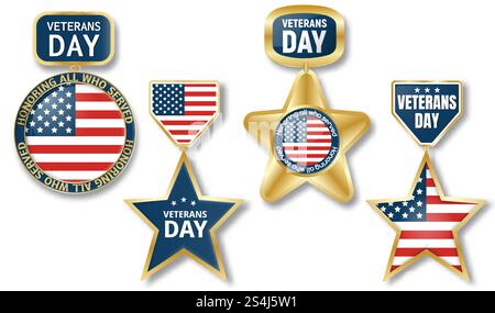 Set di logo Veterans Day. Illustrazione realistica del set di logo vettoriale per il giorno dei veterani per il web design. Set di logo Veterans Day, stile realistico Illustrazione Vettoriale