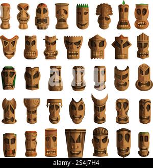 Set di icone Tiki idoli. Set di cartoni animati di icone vettoriali tiki idols per il web design. Set di icone Tiki idols, stile cartoni animati Illustrazione Vettoriale