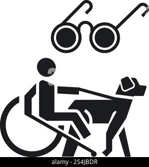 Icona cane uomo cieco in sedia a rotelle. Semplice illustrazione dell'icona vettoriale cane in sedia a rotelle per uomo cieco per il design Web isolata su sfondo bianco. Icona cane uomo cieco in sedia a rotelle, stile semplice Illustrazione Vettoriale