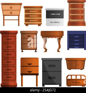 Set icone comodino in legno. Set di cartoni animati con icone vettoriali in legno per il web design. Set di icone del comodino in legno, stile cartoni animati Illustrazione Vettoriale