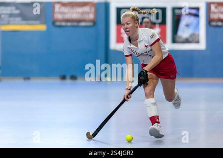 Mannheim, Germania. 12 gennaio 2025. Marie Fischer (TSVMH, 30), AM Ball, Freisteller, Ganzkörper, Einzelbild, Einzelfoto, Aktion, Action, 12.01.2025, Mannheim (Deutschland), Hallenhockey, 1. Bundesliga Süd, Damen, TSV Mannheim - Mannheimer HC/dpa/Alamy Live News Foto Stock