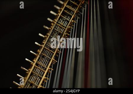 Primo piano di stringhe metalliche tese sui perni di sintonizzazione di arpa antica catturate con luce interna soffusa su sfondo nero, spazio di copia Foto Stock
