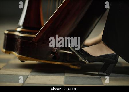 Primo piano di donne musicisti con eleganti scarpe classiche che colpiscono il pedale dell'arpa eseguendo musica in interni, spazio per copiare Foto Stock