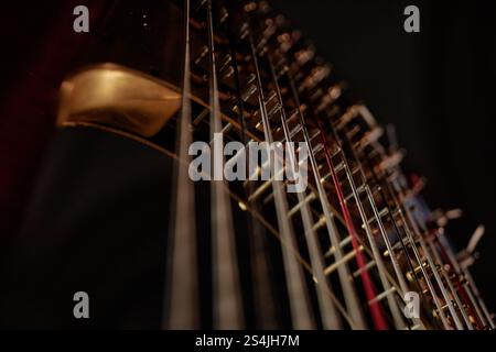 Primo piano di stringhe metalliche tensionanti di arpa antica professionale catturate in una luce interna di basso profilo, spazio di copia Foto Stock