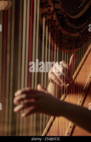 Riprese ritagliate in toni caldi di una musicista che suona musica classica sull'arpa eseguendo una meravigliosa melodia sul palco, spazio copia Foto Stock
