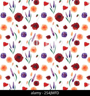 Elegante motivo floreale ad acquerello con delicati papaveri, violette, calendole e vegetazione su sfondo bianco. Un design raffinato e arioso Foto Stock