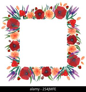 Un'accattivante cornice floreale ad acquerello con dettagli delicati e intricati, realizzata in vivaci papaveri, violette, calendole e vegetazione lussureggiante. Foto Stock