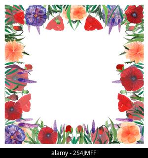 Bordo floreale colorato ad acquerello con papaveri, violette, calendole e vegetazione. Perfetto per la progettazione di cartoline, inviti, matrimoni o feste Foto Stock