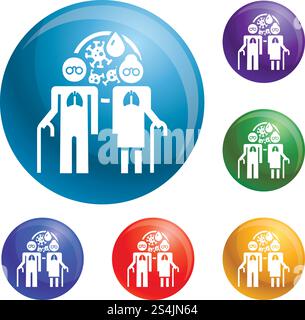 Le icone polmonari per la polmonite delle donne anziane impostano il vettore a 6 colori isolato su sfondo bianco. Le icone polmonari della polmonite della donna anziana impostano il vettore Illustrazione Vettoriale