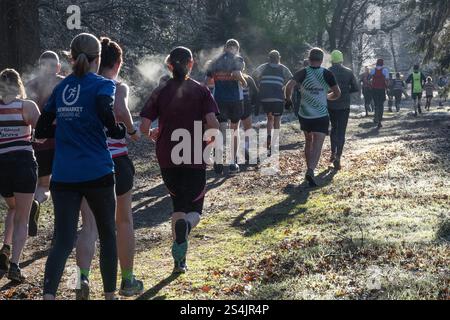 gruppo di club runner che corrono attraverso la foresta con acque scongelate che gocciolano dagli alberi , haughley, suffolk, inghilterra Foto Stock
