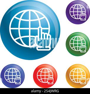 Le icone di clic manuali globali impostano il vettore a 6 colori isolato su sfondo bianco. Le icone globali di clic mano impostano il vettore Illustrazione Vettoriale