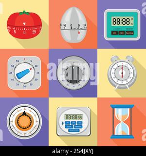 Set di icone del timer da cucina. Set piatto di icone vettoriali del timer da cucina per la progettazione Web. Set icone timer da cucina, stile piatto Illustrazione Vettoriale