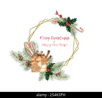 Regali con rami di abete, coni di pino, bacche rosse, agrifoglio, acquerello caramello. Piante forestali per inverno Natale e Capodanno decorazione i Foto Stock