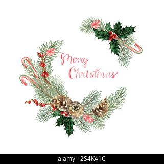 Illustrazione di agrifoglio con rami di abete, coni di pino, bacche rosse e acquerello caramello. Piante forestali per inverno Natale e Capodanno decorazione isol Foto Stock