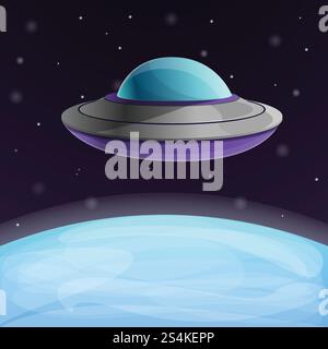 Nave UFO vicino alla terra contesto concettuale. Illustrazione di cartoni animati della nave UFO vicino al vettore terrestre sfondo concettuale per il web design. Nave UFO vicino alla terra Concept background, stile cartone animato Illustrazione Vettoriale