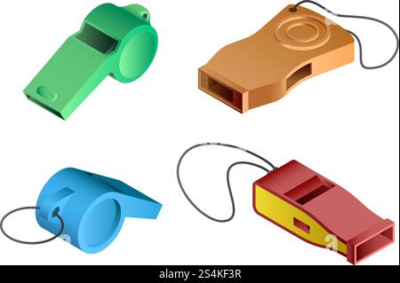Set di icone fischietto. Set isometrico di icone vettoriali per la progettazione Web isolate su sfondo bianco. Set di icone fischietti, stile isometrico Illustrazione Vettoriale