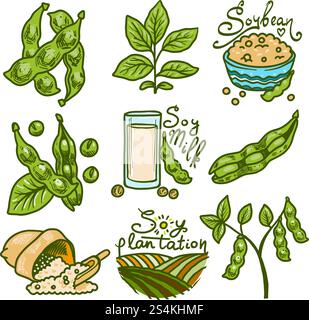 Set di icone di soia. Set di icone vettoriali di soia disegnate a mano per il web design. Set di icone di soia, stile disegnato a mano Illustrazione Vettoriale