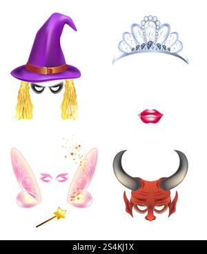 Video chat facce divertenti icone modello effetto maschera per i filtri selfie. Set isolato piatto vettoriale.. Effetti di chat video volti di animali impostati Illustrazione Vettoriale