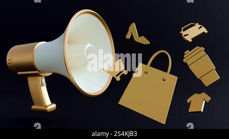 Rendering 3D di un megafono circondato da varie icone stilizzate che rappresentano diversi tipi di acquisti o beni di consumo. Foto Stock
